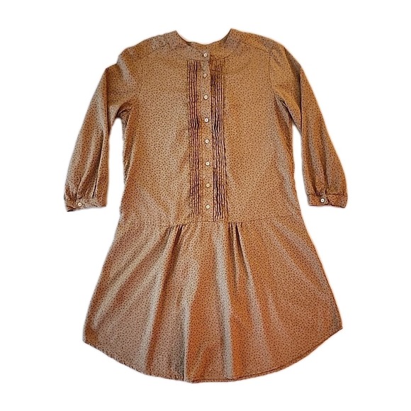 LL Bean Shirt Dress Retro Cottage‎ Prairie Boho Silk Drop Waist Floral Tan Sz 6 - Picture 4 of 13